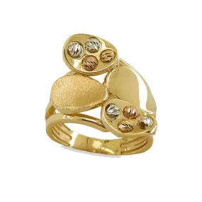 Anillo de oro de 18k en mate y brillo con incrustaciones en oro blanco y rosa