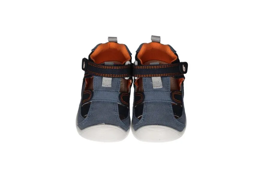 Bota Sandalia Lona Azul y Jeans Velcro Pespuntes Naranja