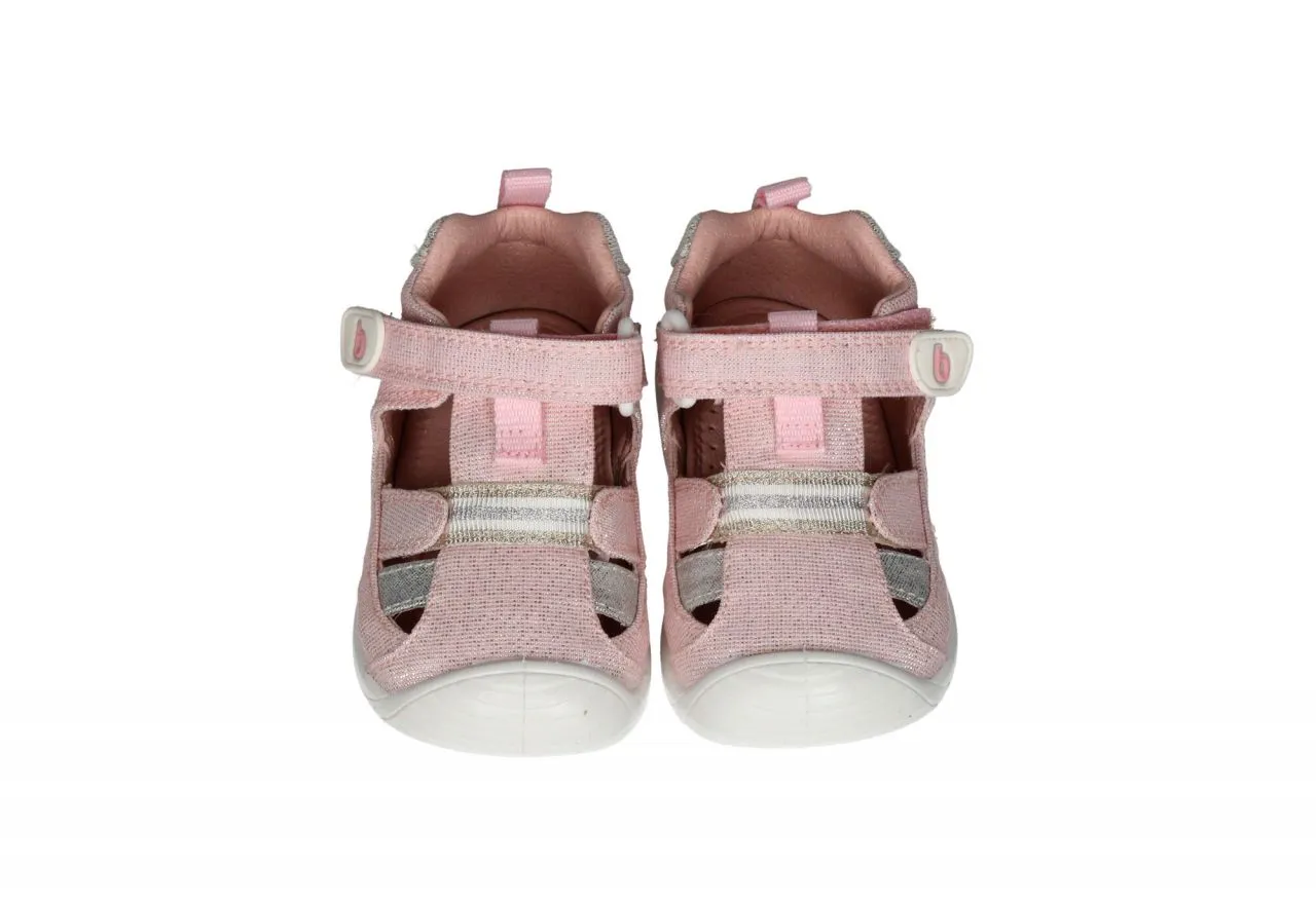 Bota Sandalia Velcro Lona Rosa Metal Franja Plata Piso Blanco