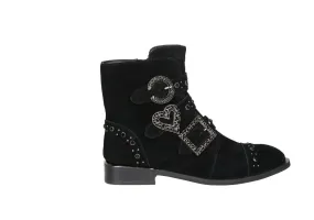 Botin Cremallera Nobuck Negro Tres Tiras Adorno Hebillas y Brillantes