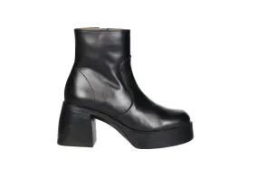 Botin Cremallera Piel Negro Liso Tacon Grueso Alto y Plataforma