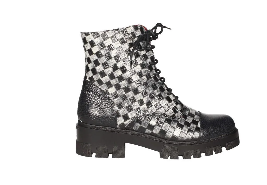 Botin Cremallera/cordon Piel Damero Negro-hielo