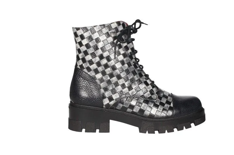 Botin Cremallera/cordon Piel Damero Negro-hielo