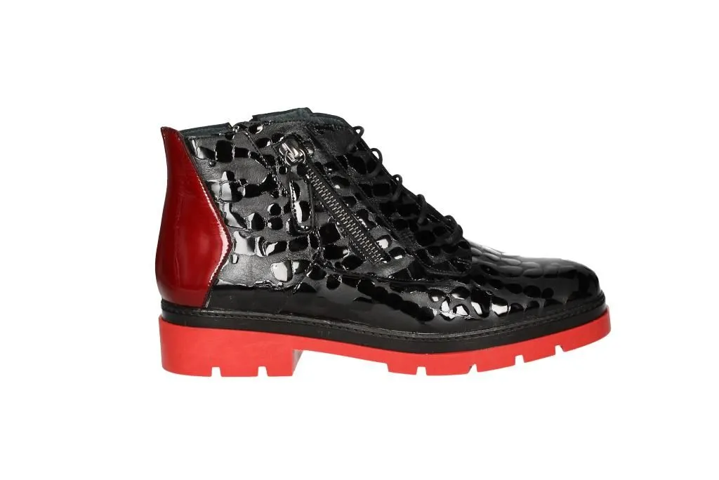 Botin Cremalleras Grabado Negro Talon Charol Rojo Piso Rojo