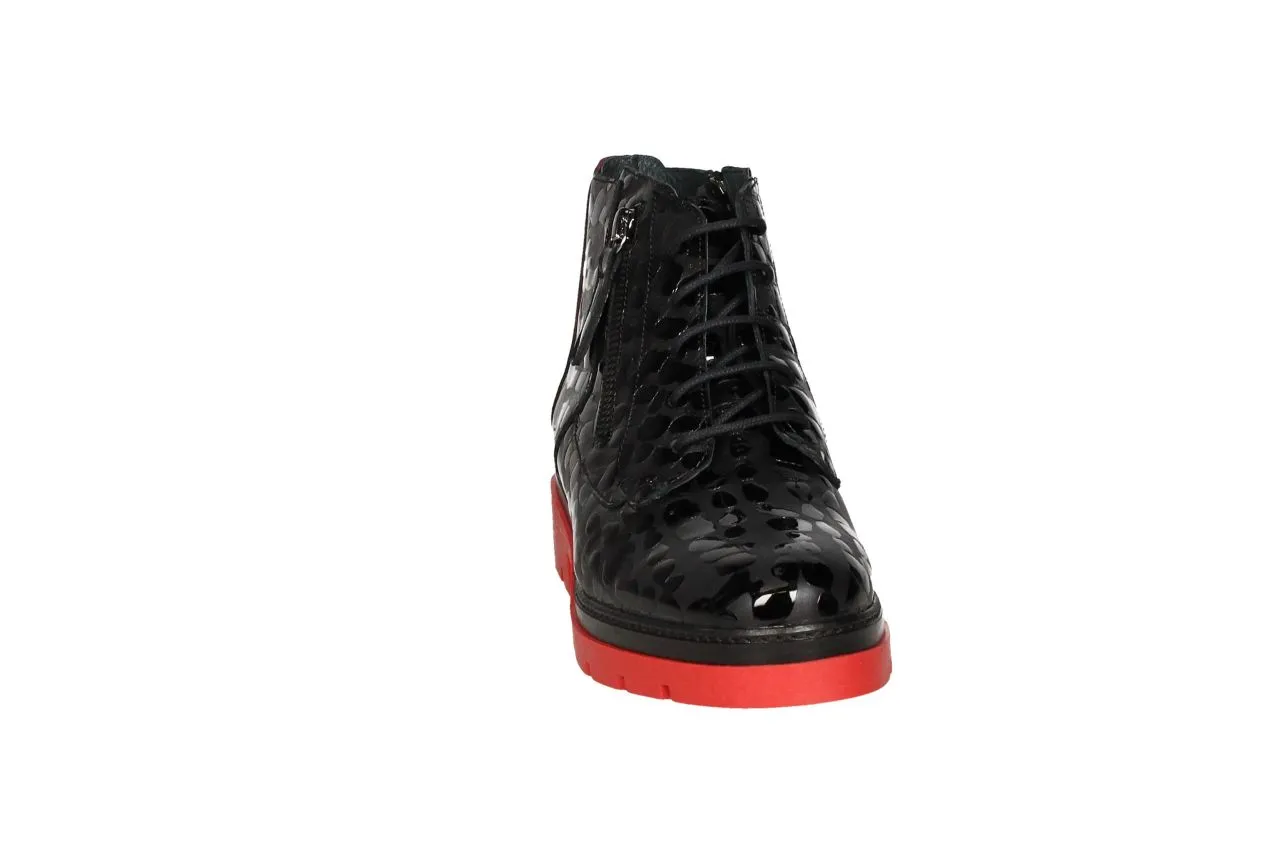 Botin Cremalleras Grabado Negro Talon Charol Rojo Piso Rojo