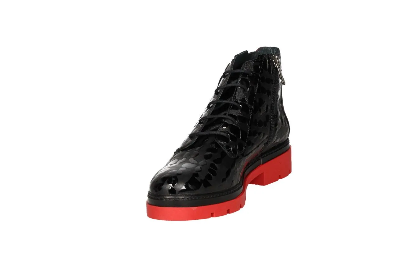 Botin Cremalleras Grabado Negro Talon Charol Rojo Piso Rojo