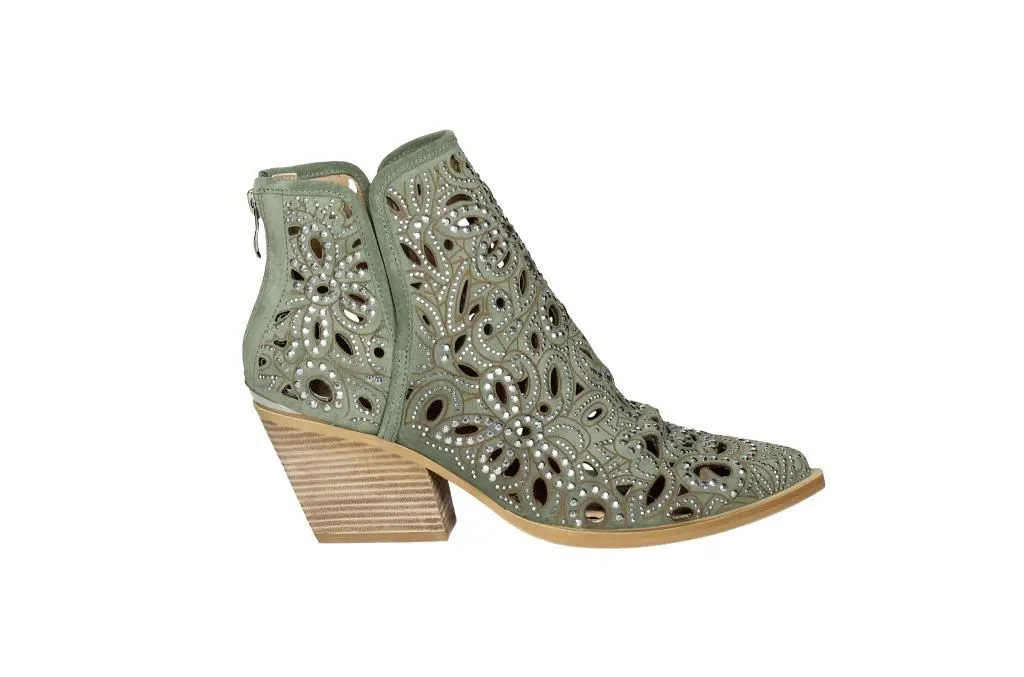 Botin Nobuck Menta Cremallera Calado Brillantitos Talon Filo Espejo