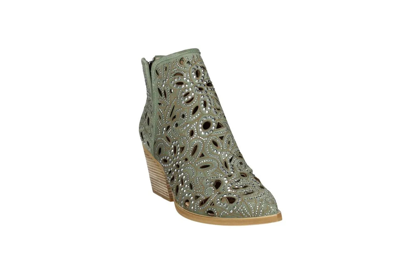 Botin Nobuck Menta Cremallera Calado Brillantitos Talon Filo Espejo