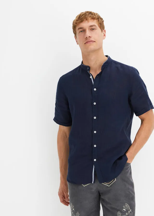 Camisa de lino con manga corta y cuello alto Azul marino