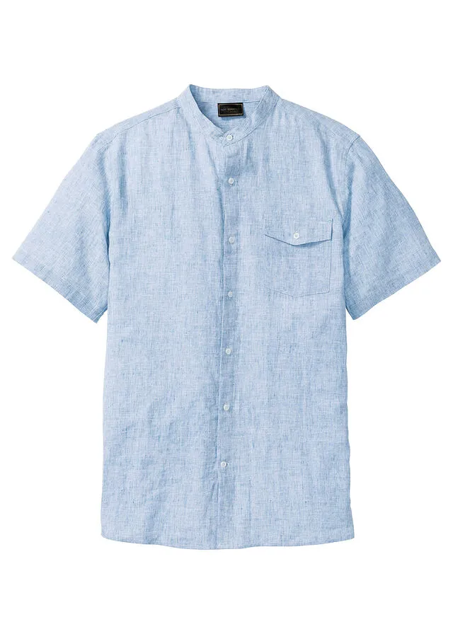 Camisa de lino de manga corta con cuello alto Azul claro jaspeado