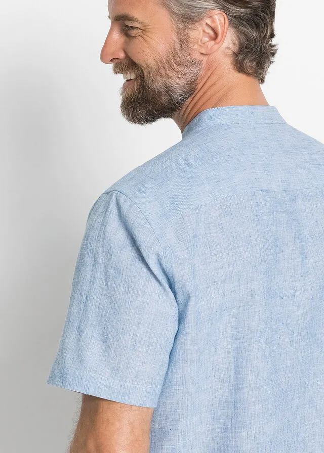 Camisa de lino de manga corta con cuello alto Azul claro jaspeado