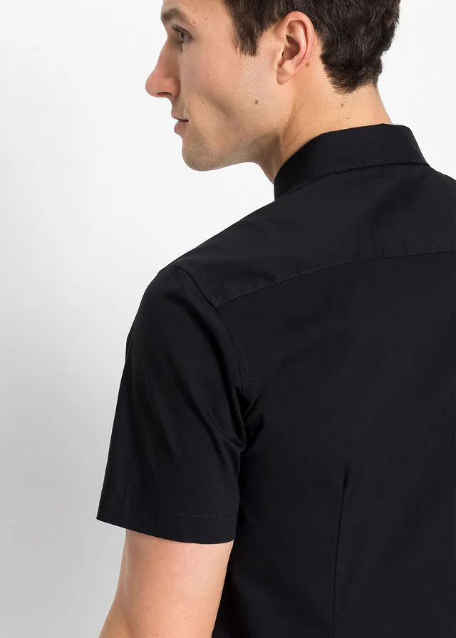 Camisa elástica de manga corta y corte slim Negro