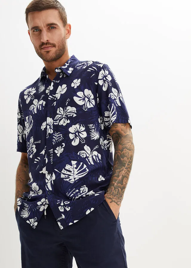 Camisa hawaiana de manga corta Azul marino de flores