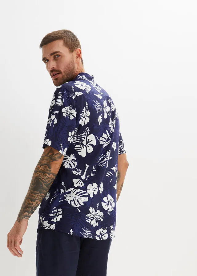 Camisa hawaiana de manga corta Azul marino de flores