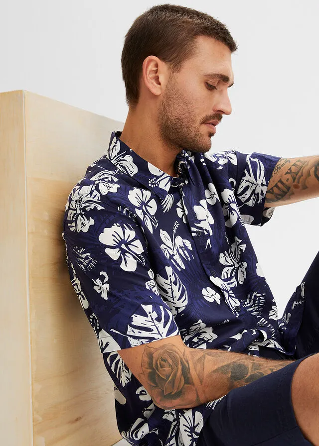 Camisa hawaiana de manga corta Azul marino de flores