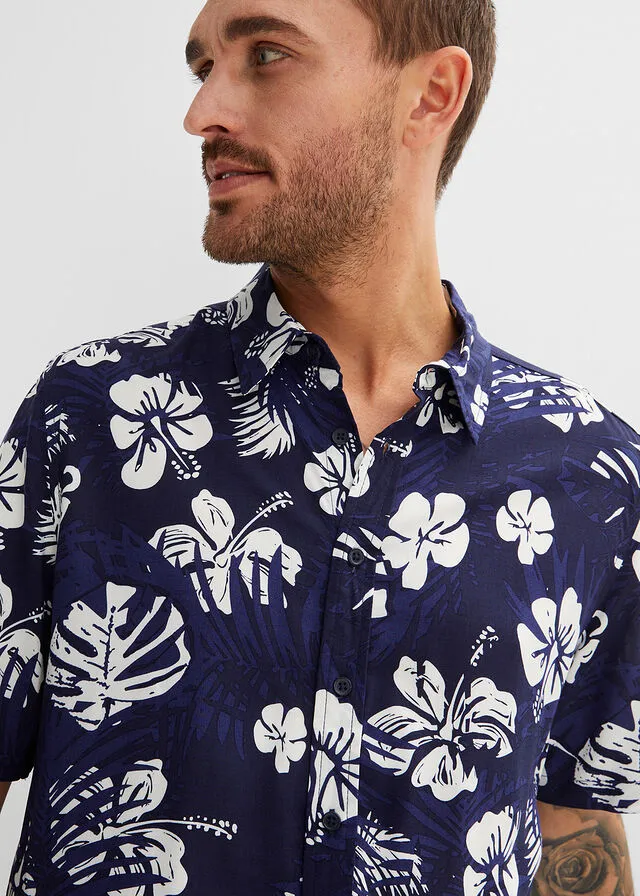 Camisa hawaiana de manga corta Azul marino de flores