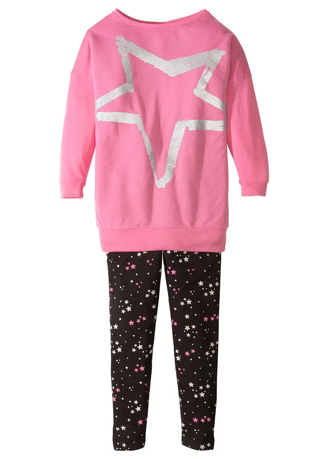 Camiseta larga + leggings para niñas (conjunto de 2 piezas) Rosa mate-negro