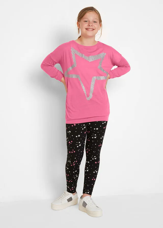 Camiseta larga + leggings para niñas (conjunto de 2 piezas) Rosa mate-negro