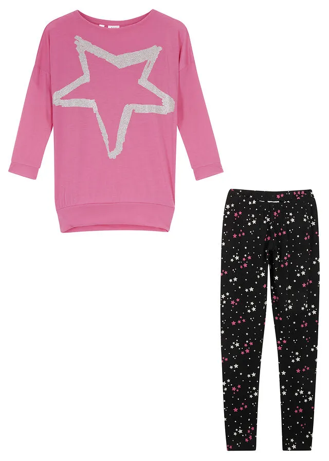 Camiseta larga + leggings para niñas (conjunto de 2 piezas) Rosa mate-negro