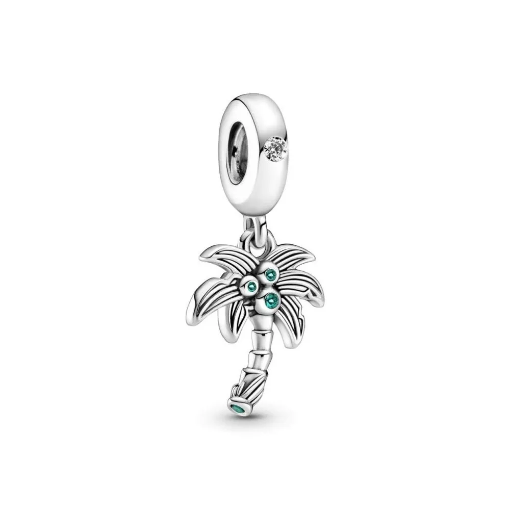 Charm de plata Pandora coglante con árbol de Palma con circonita cúbica transparente, verde lago y cristal verde real