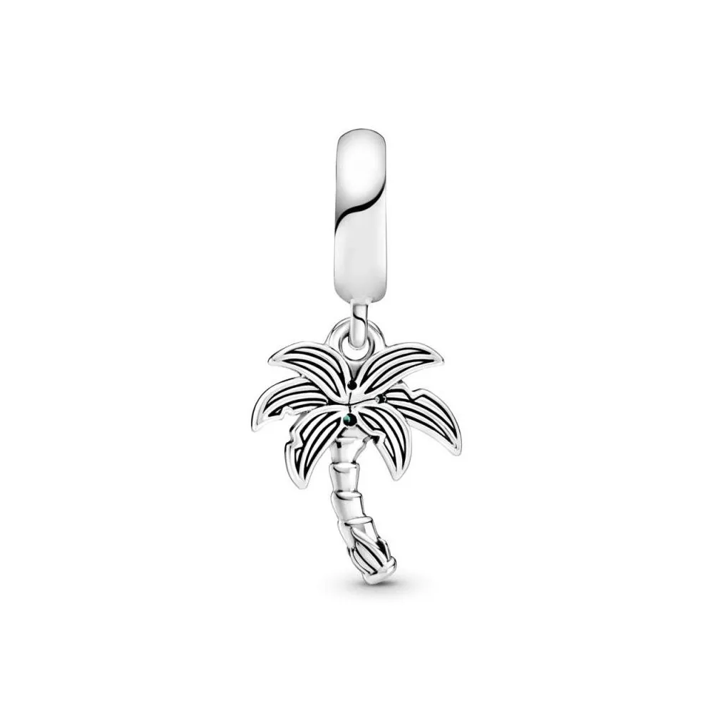 Charm de plata Pandora coglante con árbol de Palma con circonita cúbica transparente, verde lago y cristal verde real