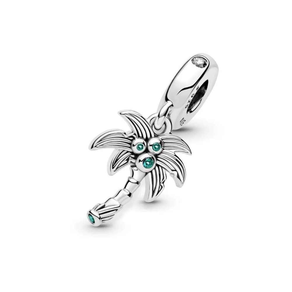 Charm de plata Pandora coglante con árbol de Palma con circonita cúbica transparente, verde lago y cristal verde real