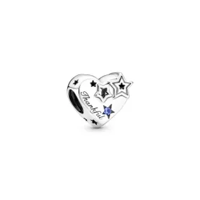 Charm Pandora Agradecido de plata de ley con corazón y cristal azul estelar