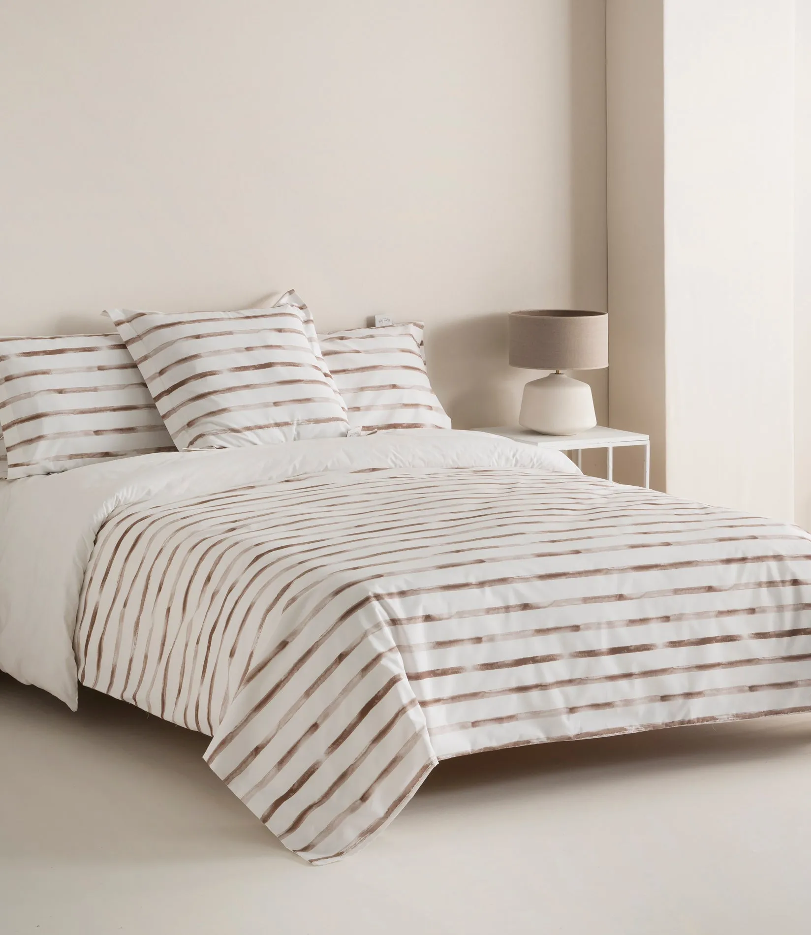 Funda Nórdica Reversible Percal 200h Cama 180 - Rayas Beige