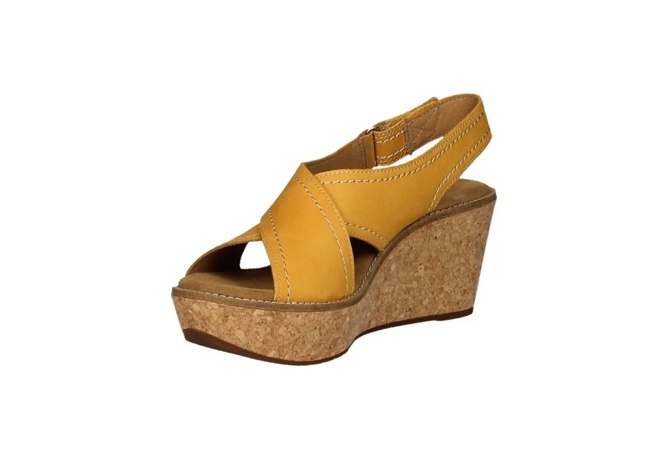 Sandalia Cruzada Nobuck Amarillo Talon Velcro Alta Corcho