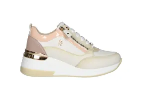 Sneaker Beig Doble Cremallera Talon y Filo Rosa CuÑa Blanca