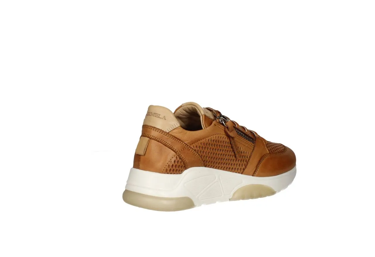 Sneaker Piel Camel Picaditos Doble Cremallera Piso Blanco