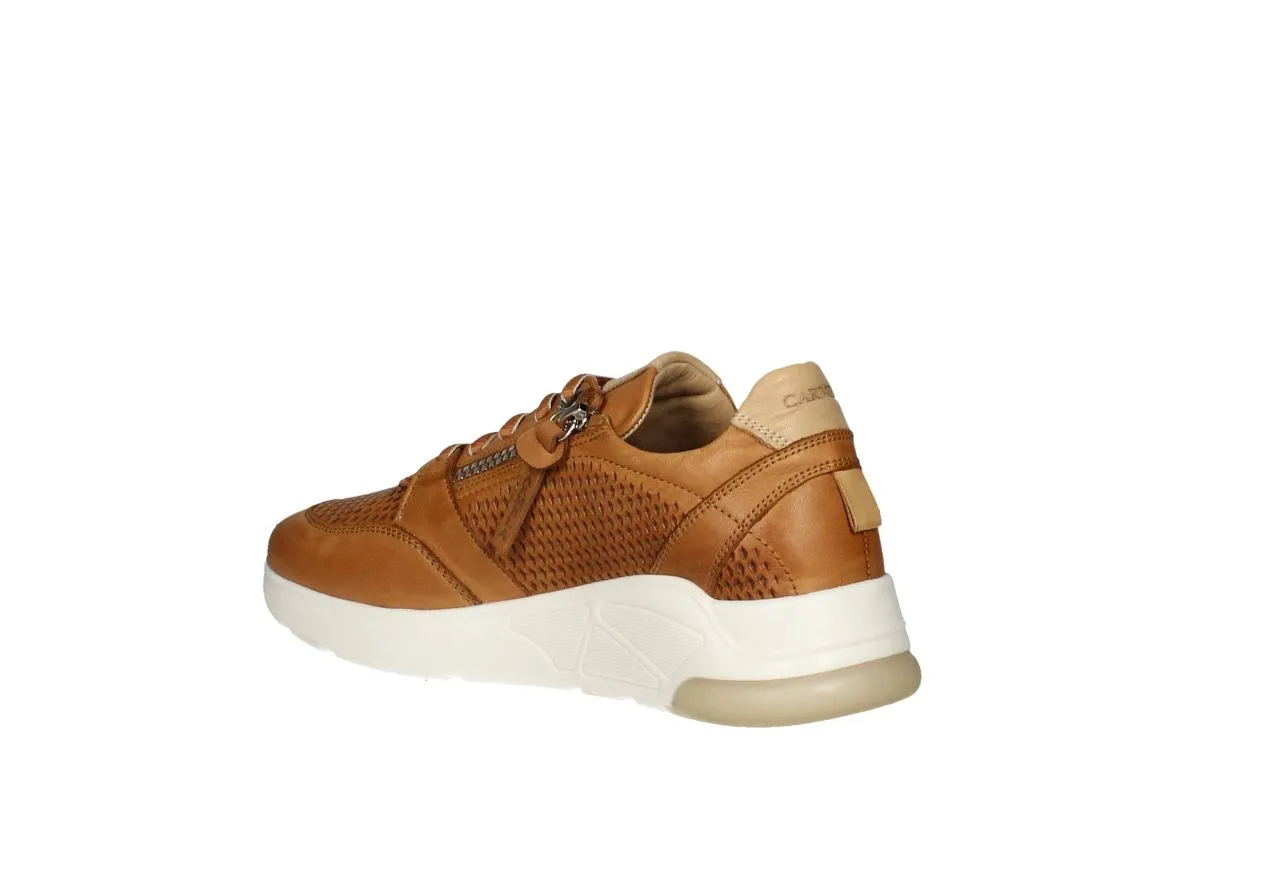 Sneaker Piel Camel Picaditos Doble Cremallera Piso Blanco