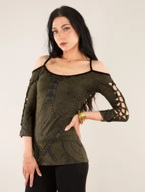 Top estampado con mangas 3/4 y espalda trenzada Sedna Africa, Verde oliva