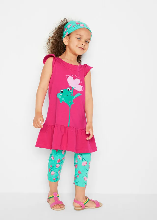 Vestido de niñas, leggings 3/ 4 y pañuelo para la cabeza (conjunto de 3 piezas) Rosa oscuro-verde caribeño