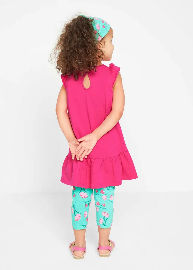 Vestido de niñas, leggings 3/ 4 y pañuelo para la cabeza (conjunto de 3 piezas) Rosa oscuro-verde caribeño