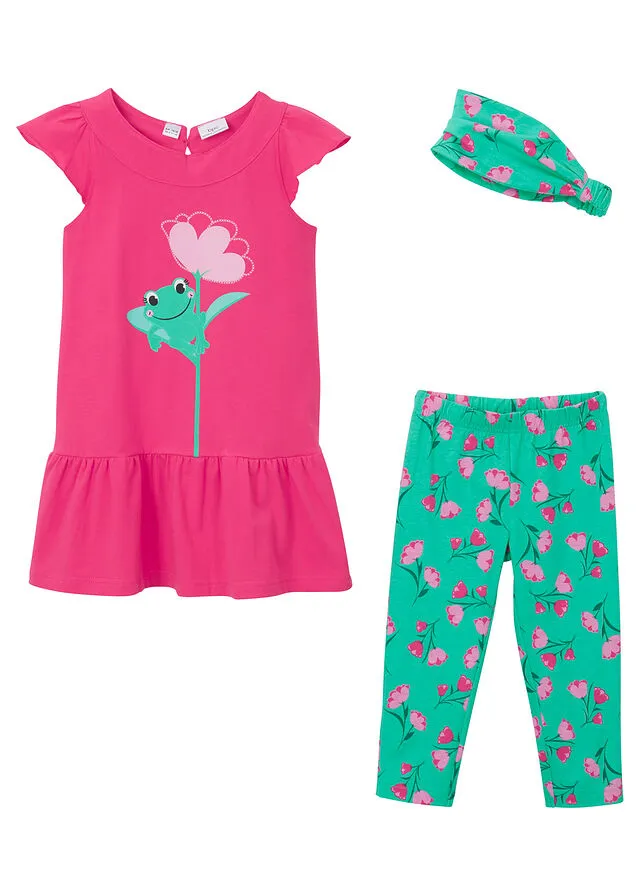 Vestido de niñas, leggings 3/ 4 y pañuelo para la cabeza (conjunto de 3 piezas) Rosa oscuro-verde caribeño