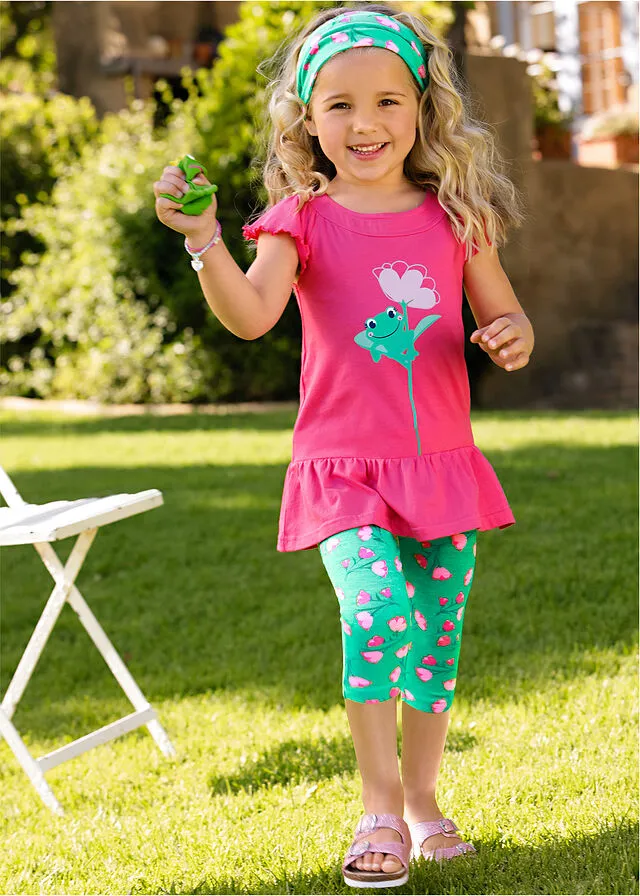 Vestido de niñas, leggings 3/ 4 y pañuelo para la cabeza (conjunto de 3 piezas) Rosa oscuro-verde caribeño