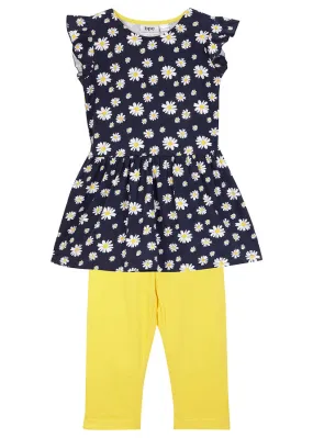 Vestido de punto para niñas + leggings ¾ (2 piezas) Azul marino/amarillo piña