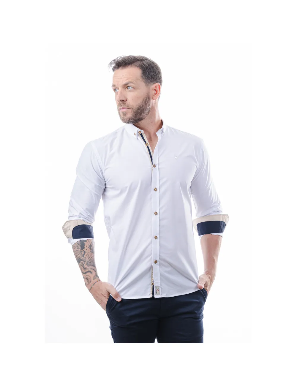 Yellow Skin – Camisa blanca coderas beig 8343